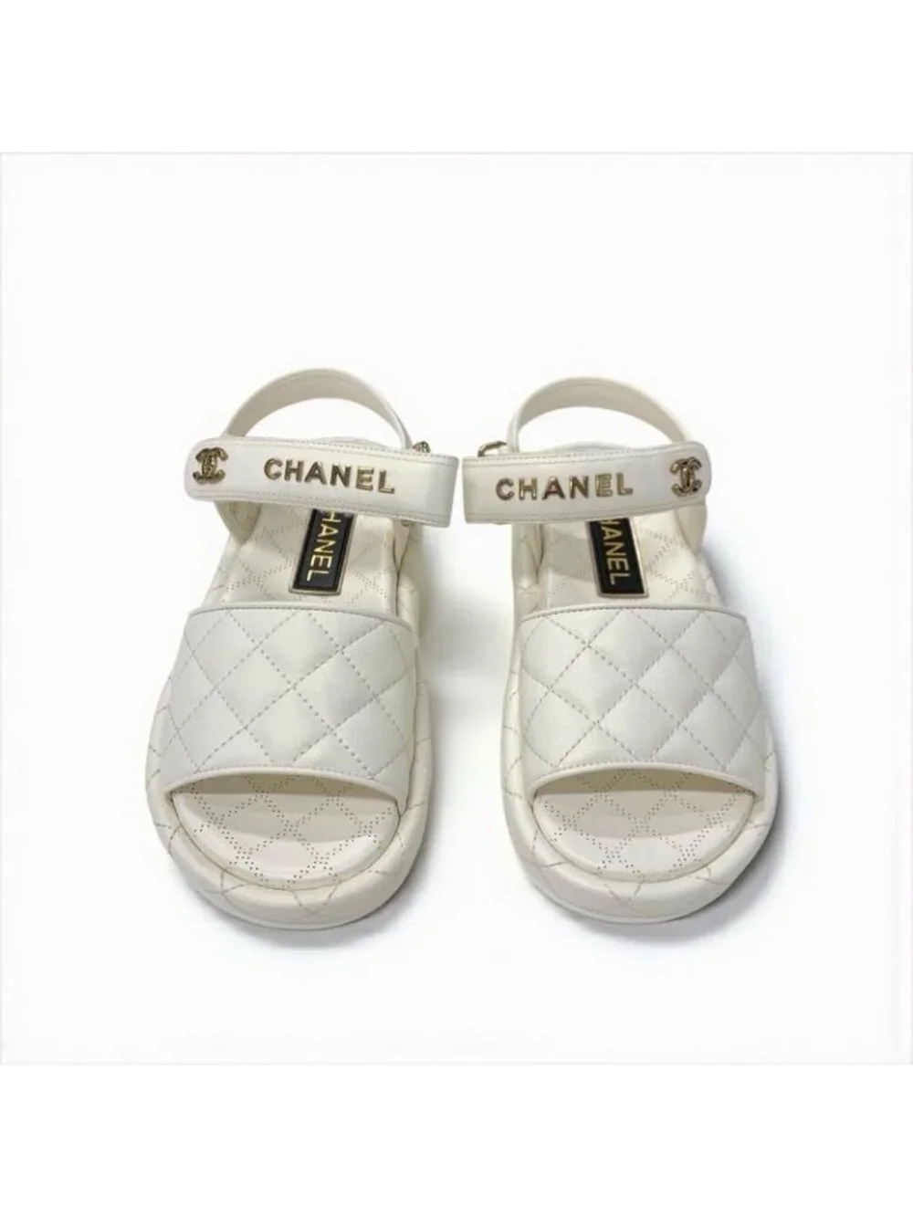 Chanel Sandals Shoes Leather White Gold Quilted Coco Mark Logo Velcro - Picture 2 of 10